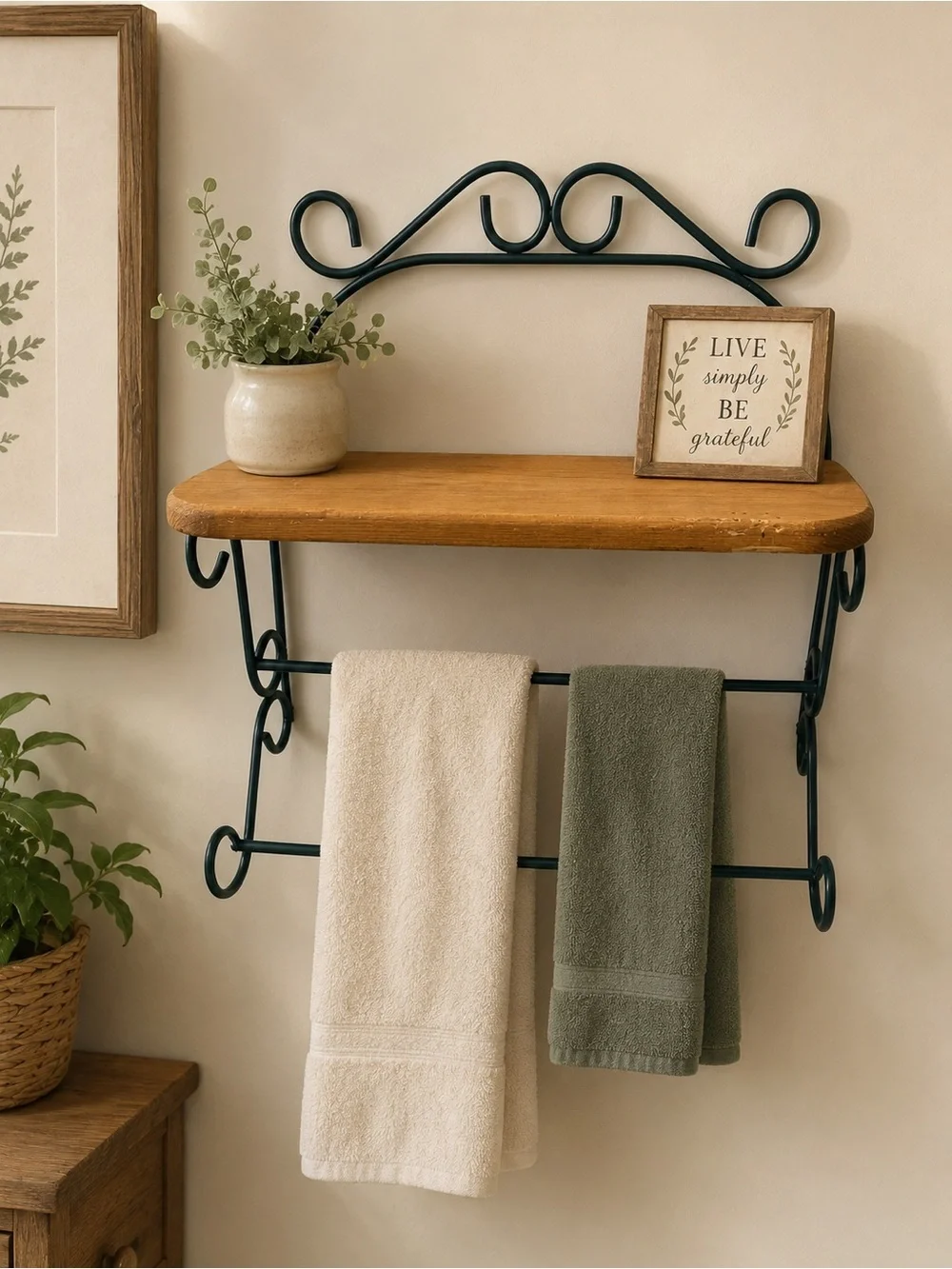 Wall-Mount Iron & Wood Towel Rack with Shelf - Green Frame, Natural Wood